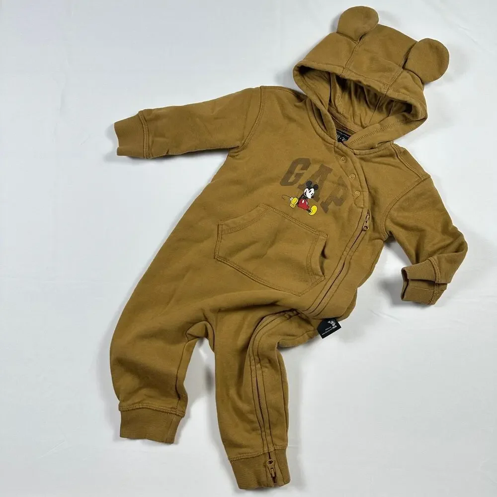Gap x Disney Mickey Mouse Brown Cozy Fleece One Piece Hooded Romper w/ Ears